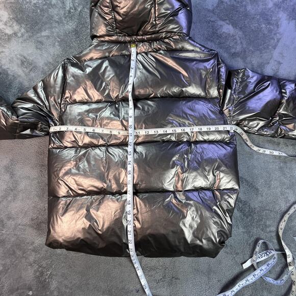 GAP Puffer Jacket Womens Medium Metallic Gray Cropped Detachable Hood PrimaLoft - Picture 11 of 16